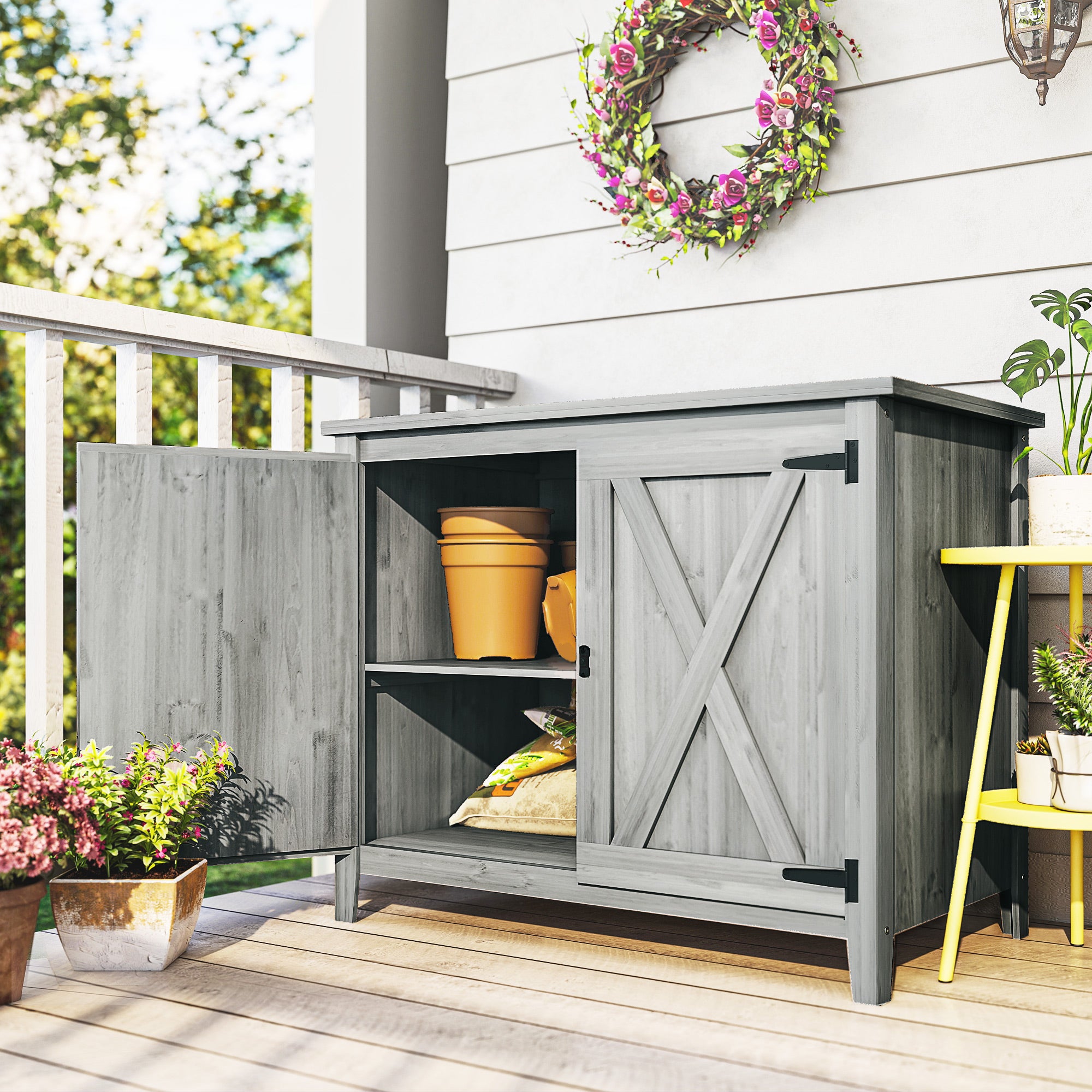 Outsunny Wooden Garden Shed, Outdoor Fir Wood Storage Shed with Shelf and Double Doors, Light Grey 