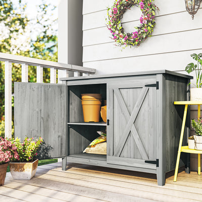 Outsunny Wooden Garden Shed, Outdoor Fir Wood Storage Shed with Shelf and Double Doors, Light Grey 