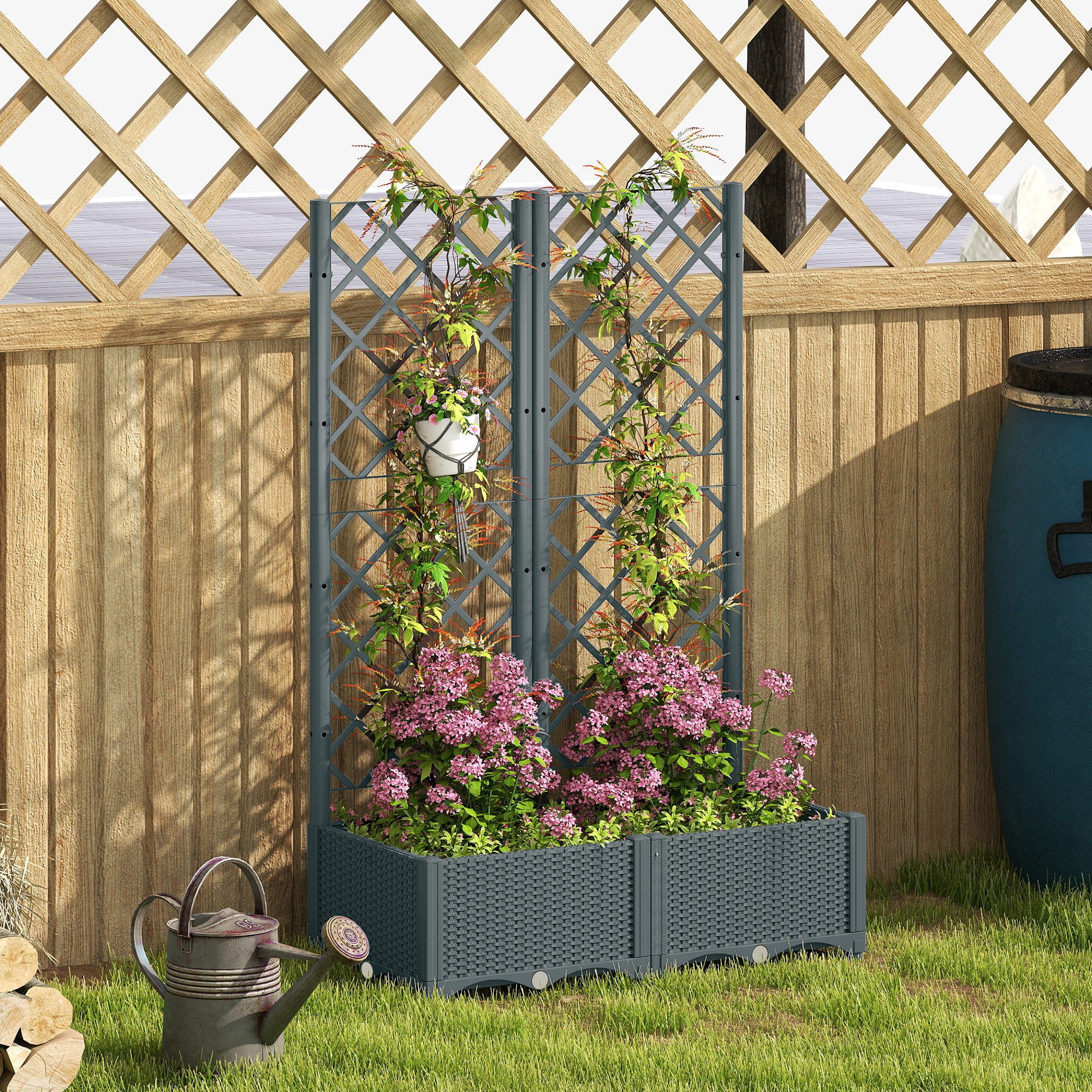 Outsunny Raised Garden Bed with Trellis, Plastic Planter Box with Drainage Holes, Drain Plugs and Water Reservoirs for Climbing Plants, Vegetables, Flowers, Grey 