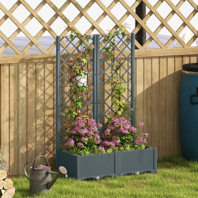 Outsunny Raised Garden Bed with Trellis, Plastic Planter Box with Drainage Holes, Drain Plugs and Water Reservoirs for Climbing Plants, Vegetables, Flowers, Grey 