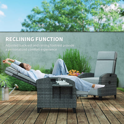 Outsunny Outdoor Recliner Chair with Adjustable Backrest and Footrest, Cushion, Side Tray, Light Grey 