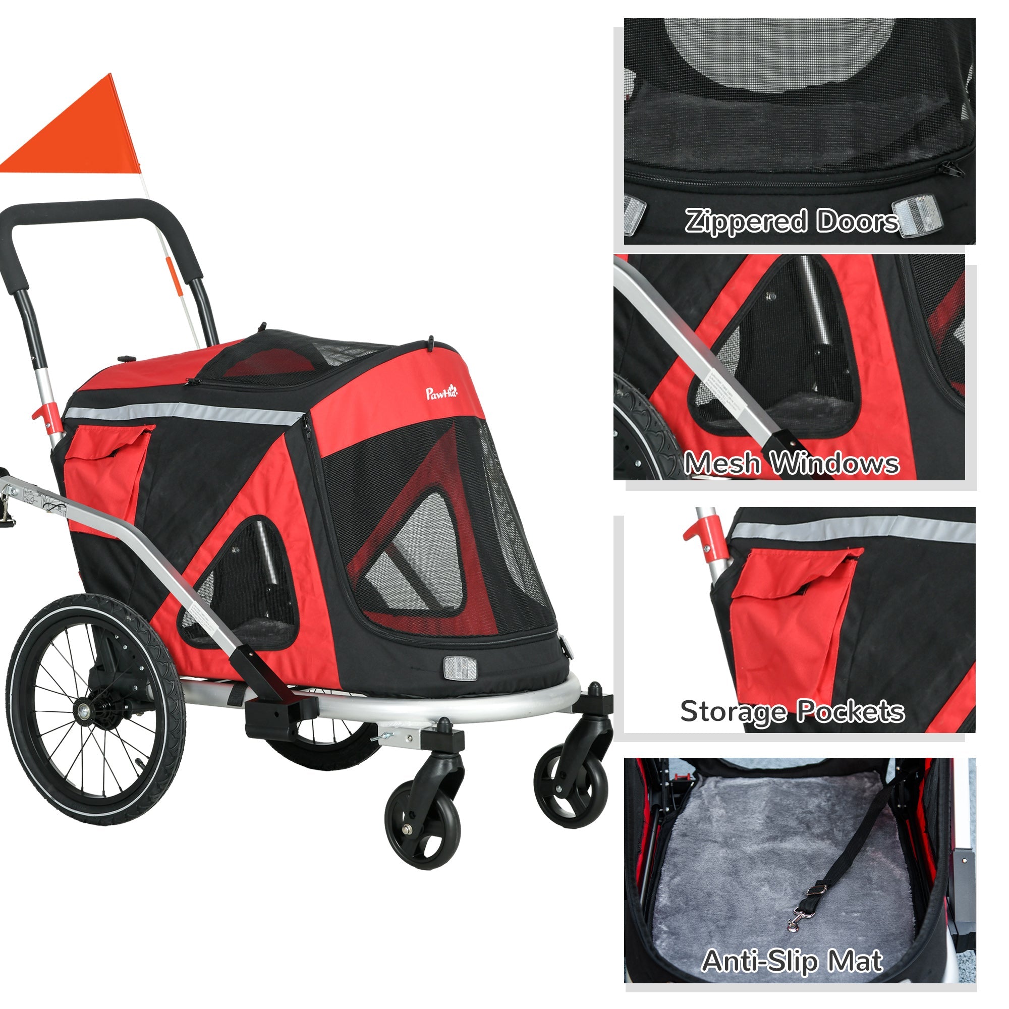 PawHut 2 in 1 Aluminium Foldable Dog Bike Trailer, Pet Stroller, for Medium Dogs - Red 