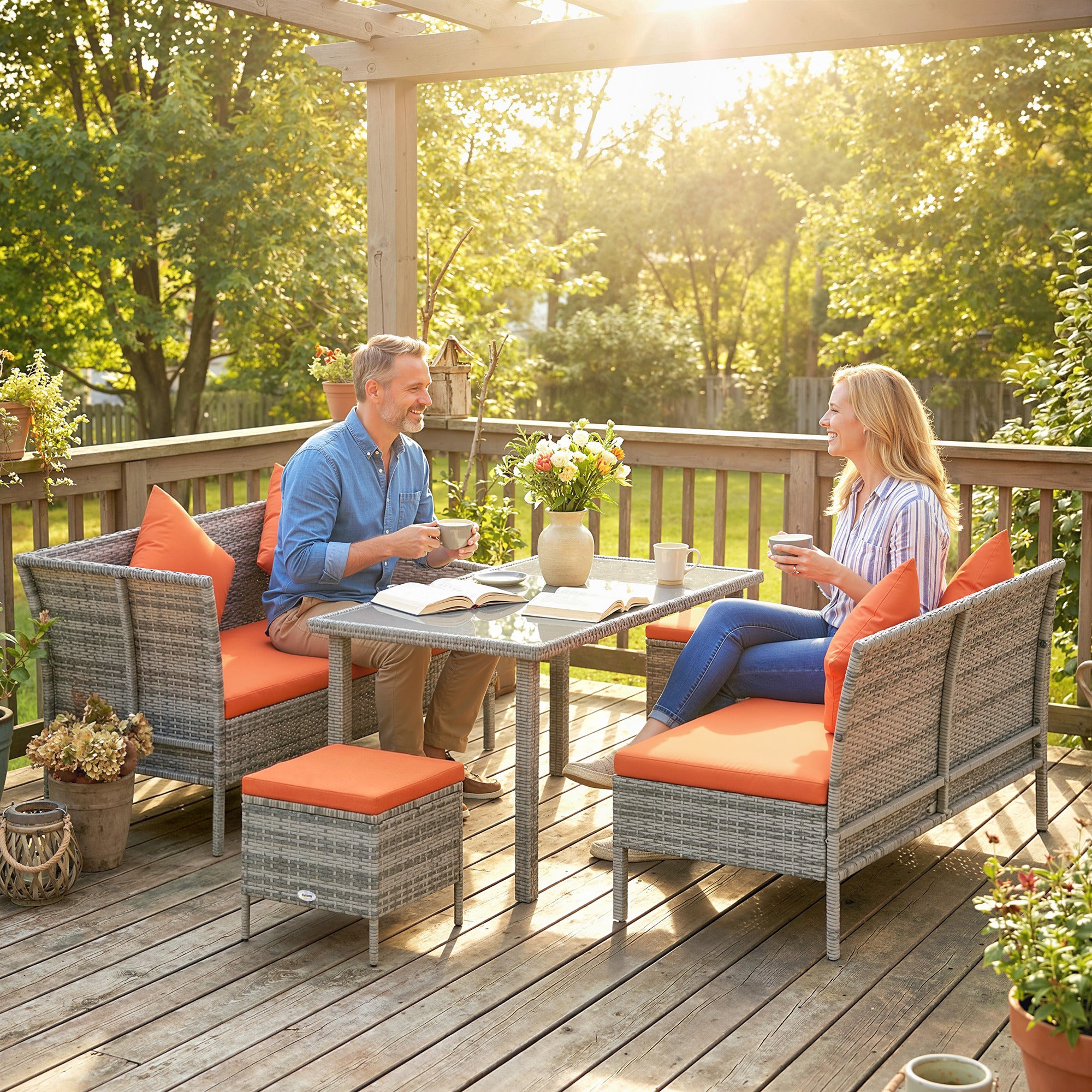 Outsunny 6-Seater Rattan Dining Set Sofa Table Footstool Outdoor w/ Cushion Garden Furniture, Orange 