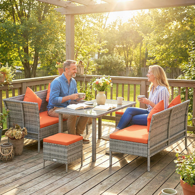 Outsunny 6-Seater Rattan Dining Set Sofa Table Footstool Outdoor w/ Cushion Garden Furniture, Orange 