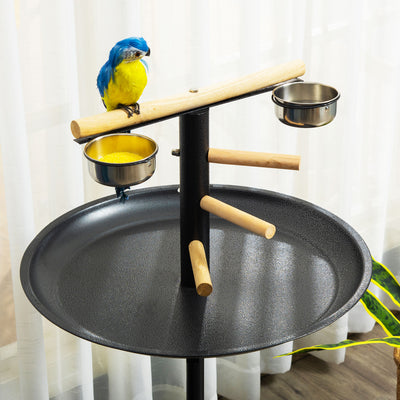 PawHut Metal Bird Table Play Stand, Bird Feeder Station Parrot Perch with Four Wheels Feeding Bowls Round Tray 