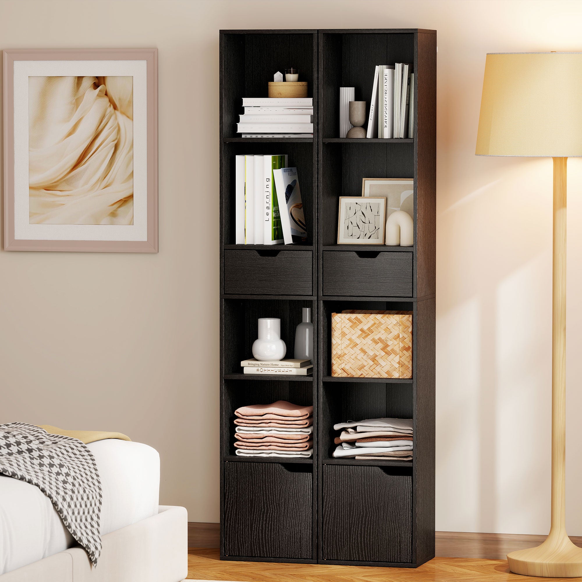 HOMCOM 6-Tier Bookcase, Tall Narrow Bookshelf with Drawer and Door - Black 