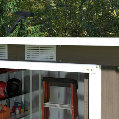 Outsunny 9ft x 4ft Metal Garden Shed, Outdoor Tool House with Foundation Kit, Ventilations and Double Doors, Light Grey Wood Grain 