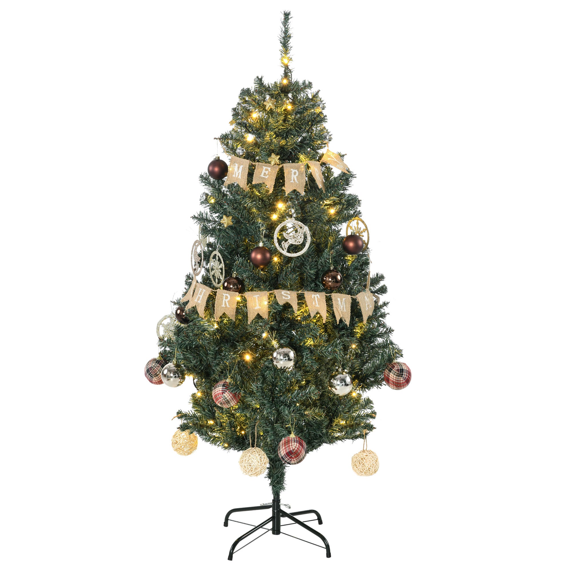 HOMCOM 5' Artificial Prelit Christmas Trees Holiday D\'c3\'a9cor with Warm White LED Lights, Decoration, Banner, Tag, Ball
