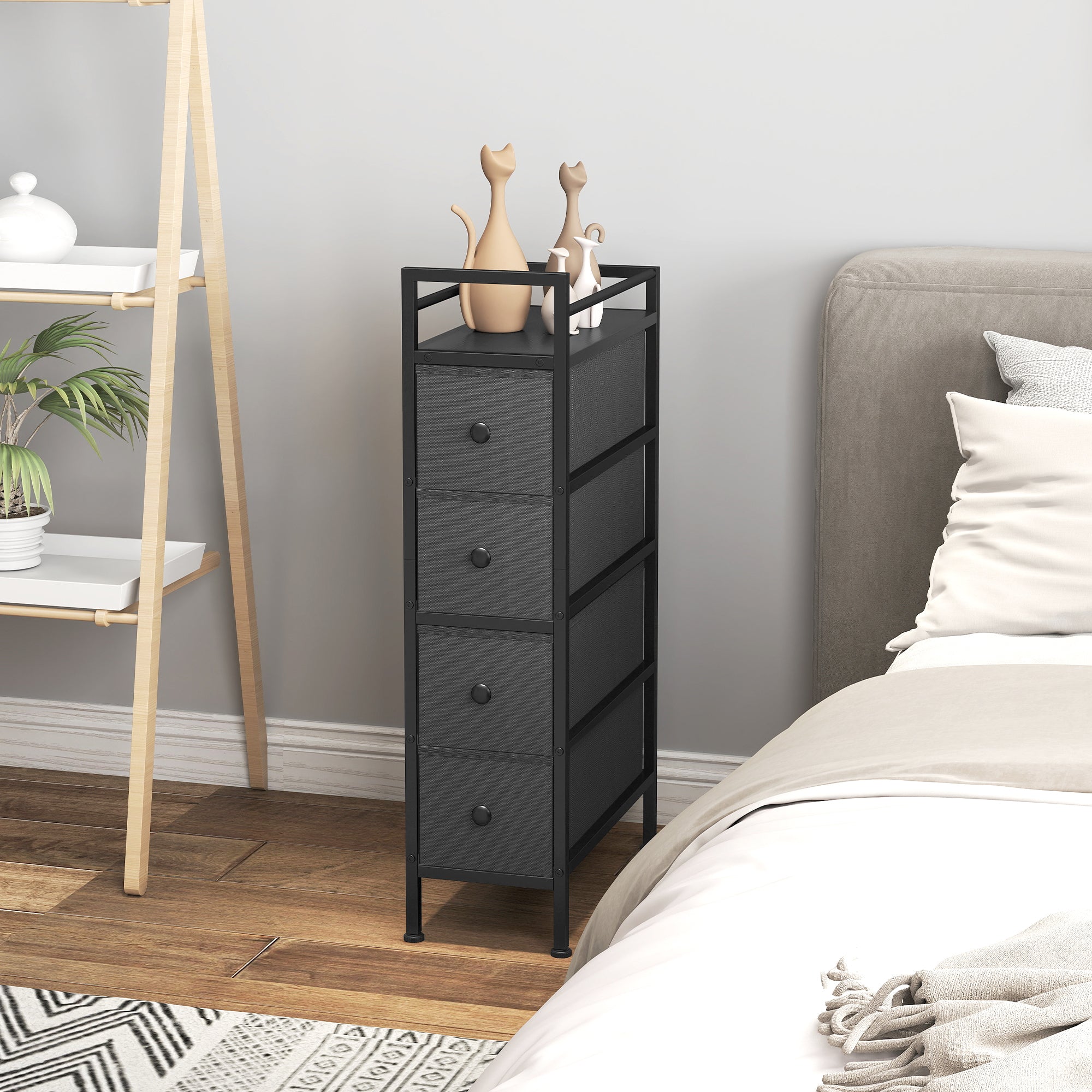 HOMCOM 4 Drawer Fabric Dresser Chest of Drawers, Slim Storage Cabinet with Steel Frame for Small Spaces, Bedroom, Black 