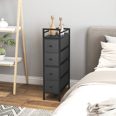 HOMCOM 4 Drawer Fabric Dresser Chest of Drawers, Slim Storage Cabinet with Steel Frame for Small Spaces, Bedroom, Black 