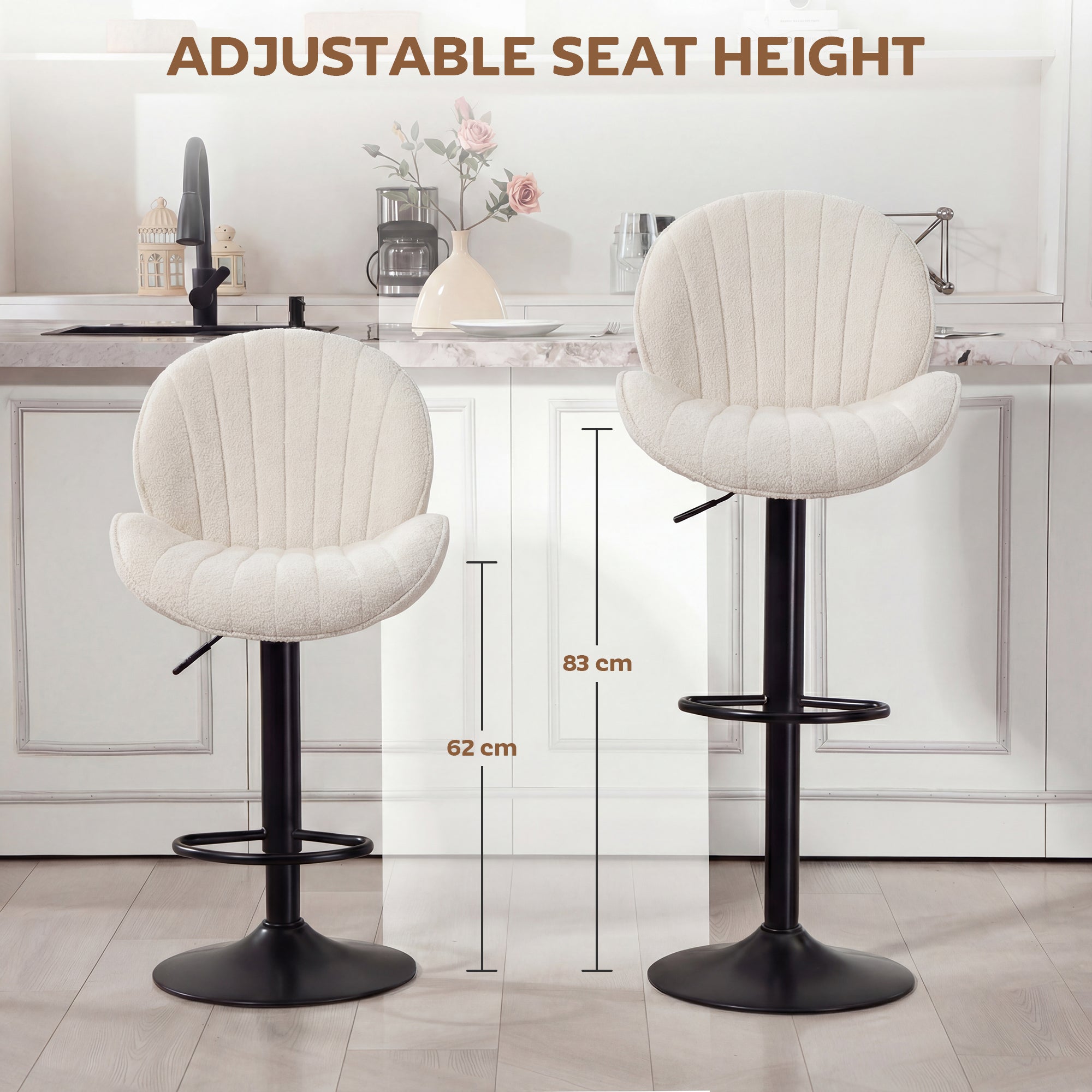 HOMCOM Bar Stools Set of 2, Swivel Barstools with Back, Adjustable Height and Footrest for Kitchen Island, Dining Room, Cream 