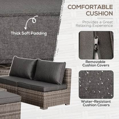 Outsunny 8 Pieces Rattan Garden Furniture Set, Garden Corner Sofa Set with 4 Chairs, 2 Footstools, 2 Coffee Tables and Cushions, Space-Saving Design, No Assembly Required, Grey 