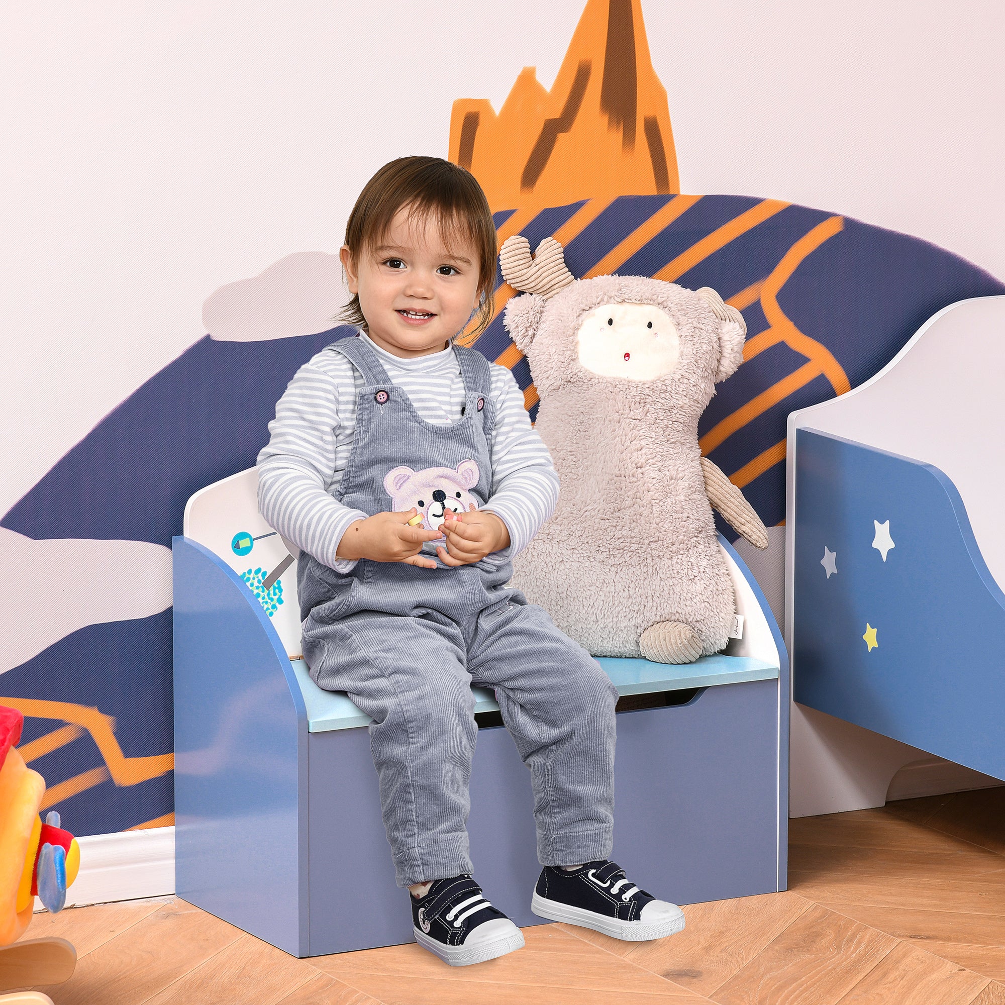 HOMCOM Kids Wooden Toy Box Children Storage Chest Bench Organiser Safety Hinge Bedroom Playroom Furniture Blue 
