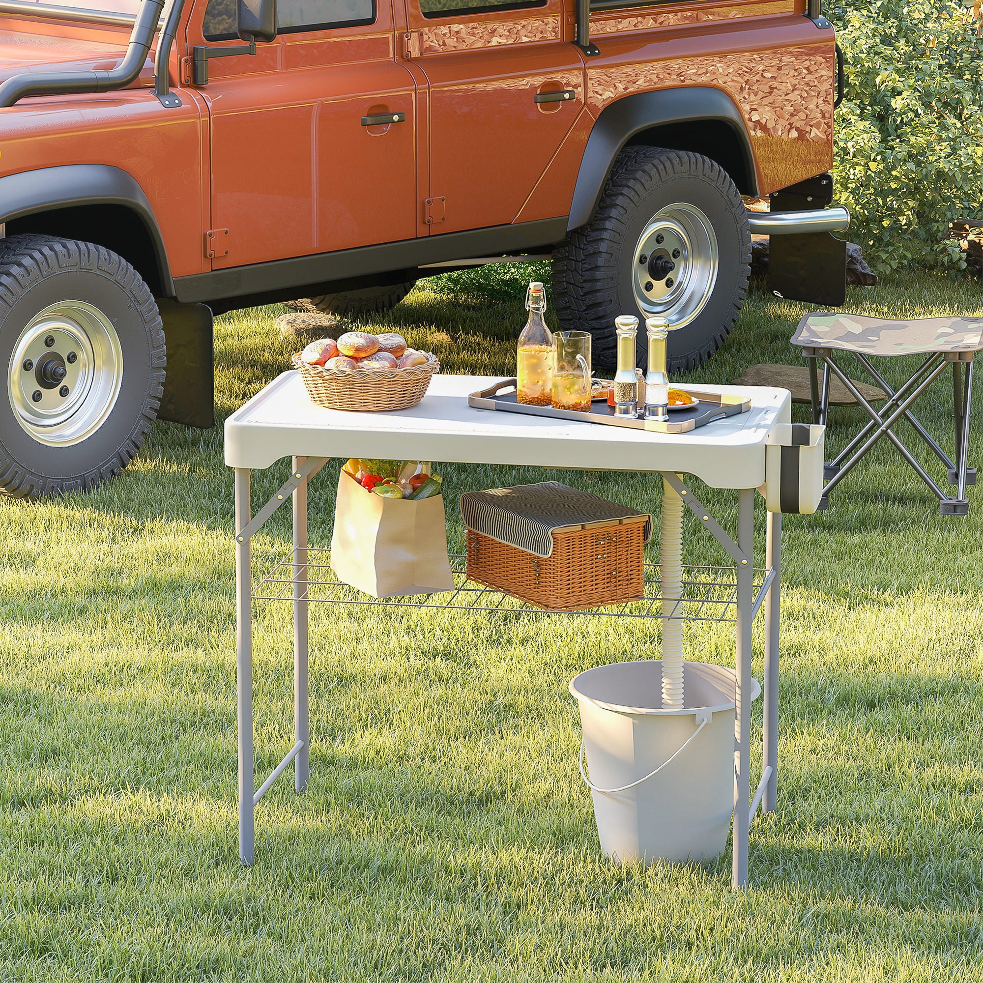 Outsunny Folding Fish Cleaning Table with Sinks, Portable Camping Sink Table with Faucet, Drainage Hose 