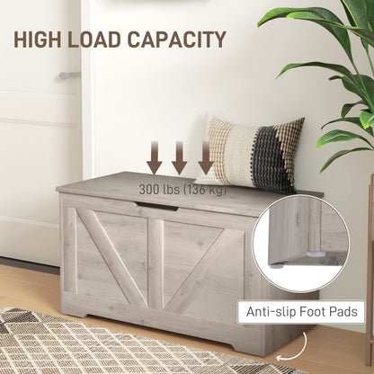 HOMCOM 100L Home Storage Box, with Safety Hinges - Grey Wood-Effect 