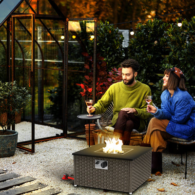 Outsunny Rattan Gas Fire Pit Table for Garden, 13 KW Smokeless Propane Fire Pit with Lid, Square Garden Coffee Table with Patio Heater for Outdoor, Patio, 58 x 58 x 33 cm, Grey 