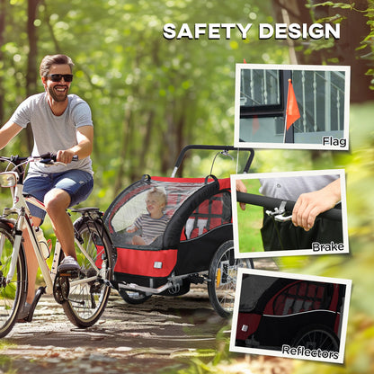 HOMCOM 2 Seat Bike Trailer with 5 Point Harness, Baby Bike Stroller with Safety Flag, Reflectors, for 18+ Months, Red 