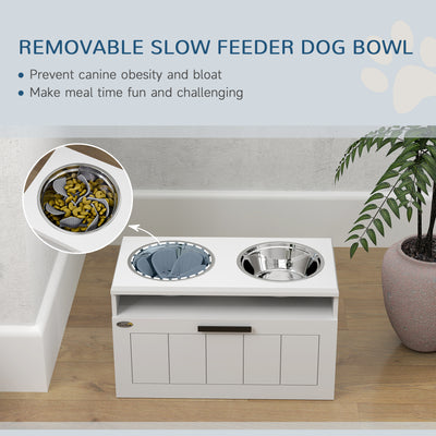 PawHut Raised Dog Bowl with Slow Feeder & 2 Stainless Steel Dog Bowl, 25L Storage Drawer, for Large & Extra Large Dogs, White 