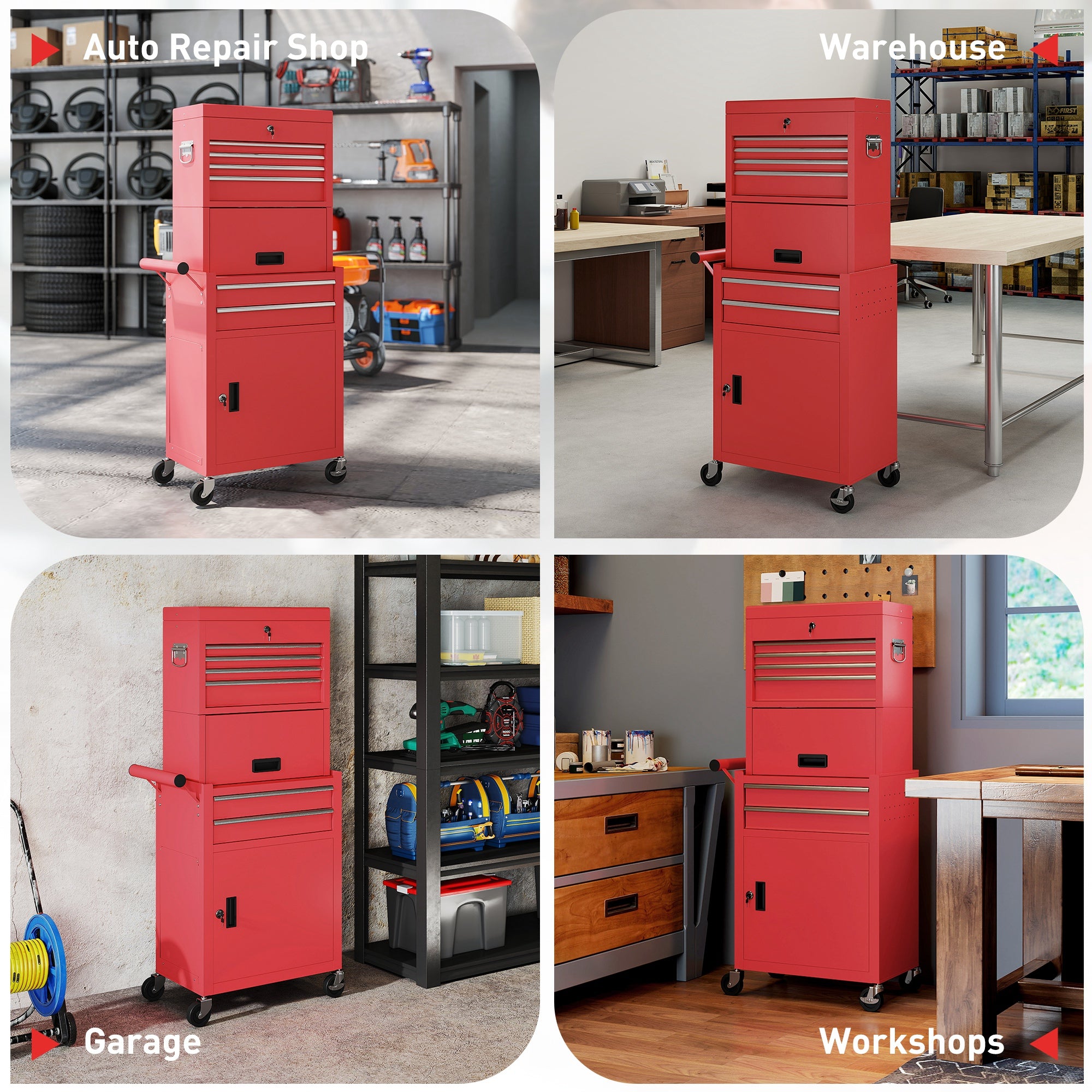 HOMCOM Three-Part Steel Locking Tool Chest - Red 