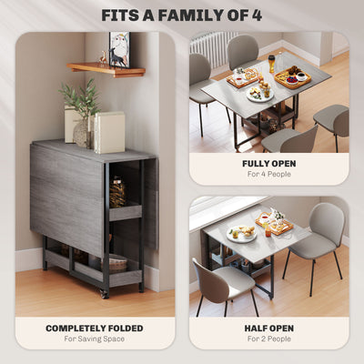 HOMCOM Industrial Folding Dining Table, Drop Leaf Table with Open Compartments for Small Spaces, Kitchen, Dining Room, Grey 