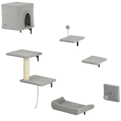 PawHut 6-Piece Cat Wall Shelves Set with Condo, Cat Wall Furniture with Platforms, Sisal Scratching Post, Bed, Toy Ball, Grey 