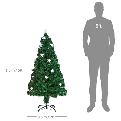 HOMCOM 5FT Prelit Artificial Christmas Tree Fibre Optic Star LED Light Holiday Home Xmas Decoration with LED Light for Indoor Party, Green 