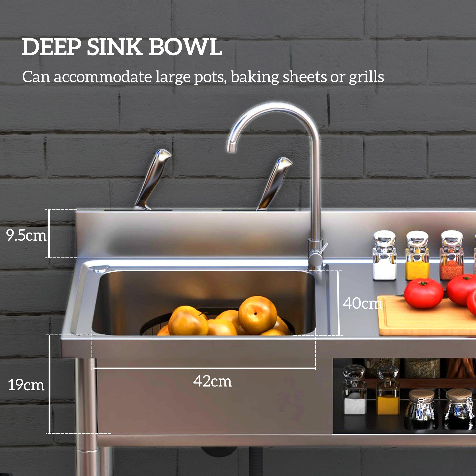 HOMCOM Outdoor Stainless Steel Kitchen Sink, Freestanding Sink Single Bowl with Cold and Hot Water Pipe and Storage Shelves 