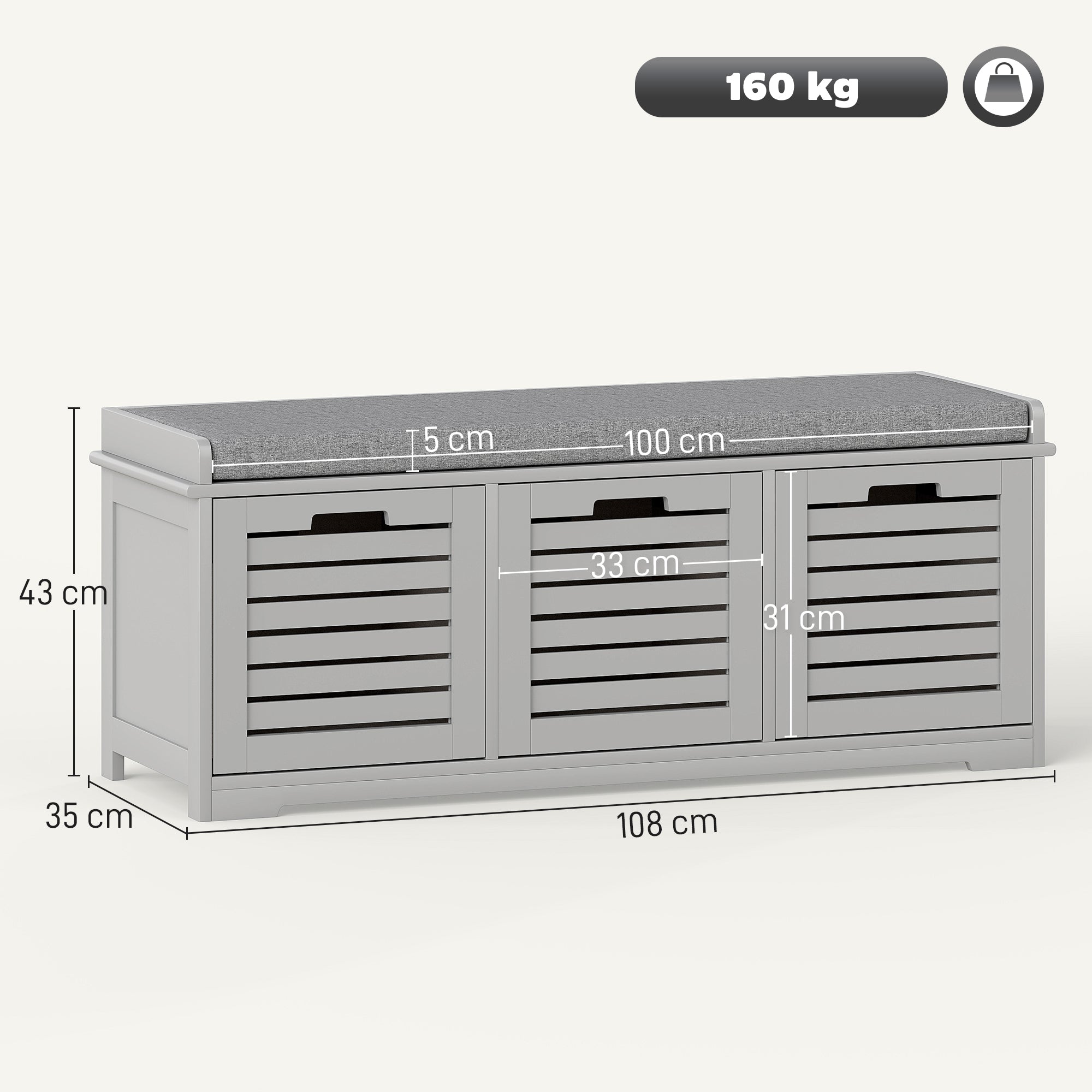 HOMCOM 3-Drawer Shoe Storage Bench - Grey