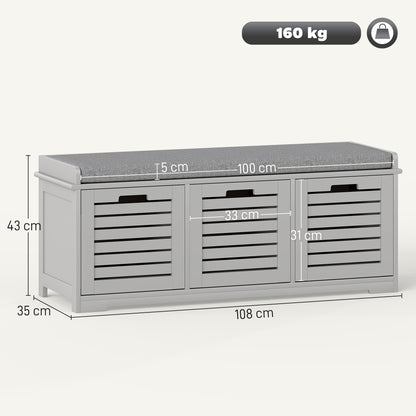 HOMCOM 3-Drawer Shoe Storage Bench - Grey