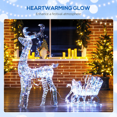 Outsunny Lighted Christmas Reindeer with Sleigh, Outdoor Yard Reindeer with 170 Warm White LED Lights, Holiday Decor with Stakes, Waterproof, Silver 