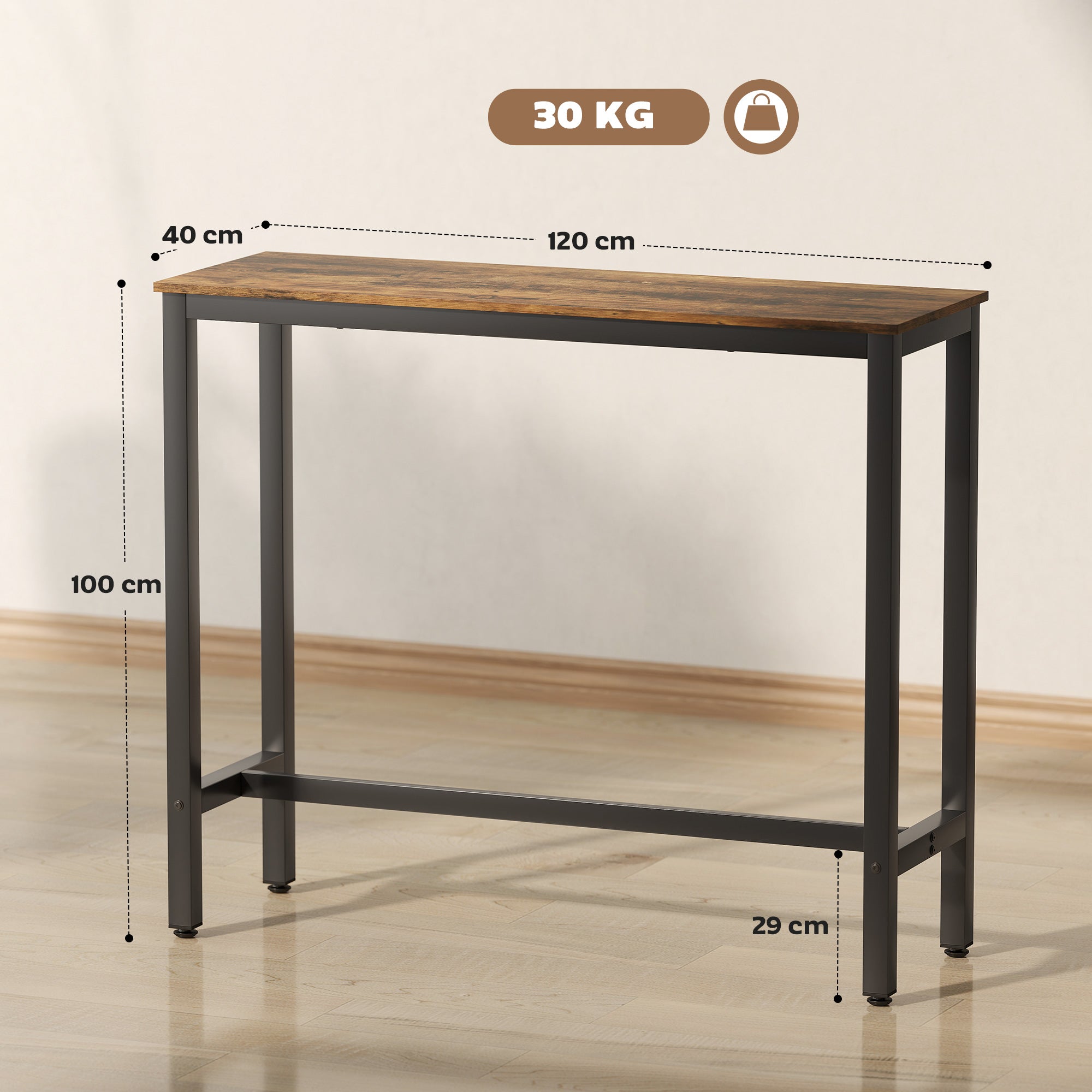 HOMCOM Rectangular Bar Table, Wood Effect Pub Coffee Table for Small Space, Breakfast Dining, Kitchen, Industrial, Rustic Brown 