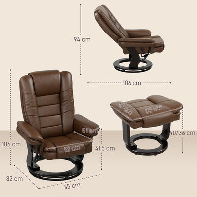 HOMCOM Faux Leather 135° Reclining Chair and Footstool - Brown 
