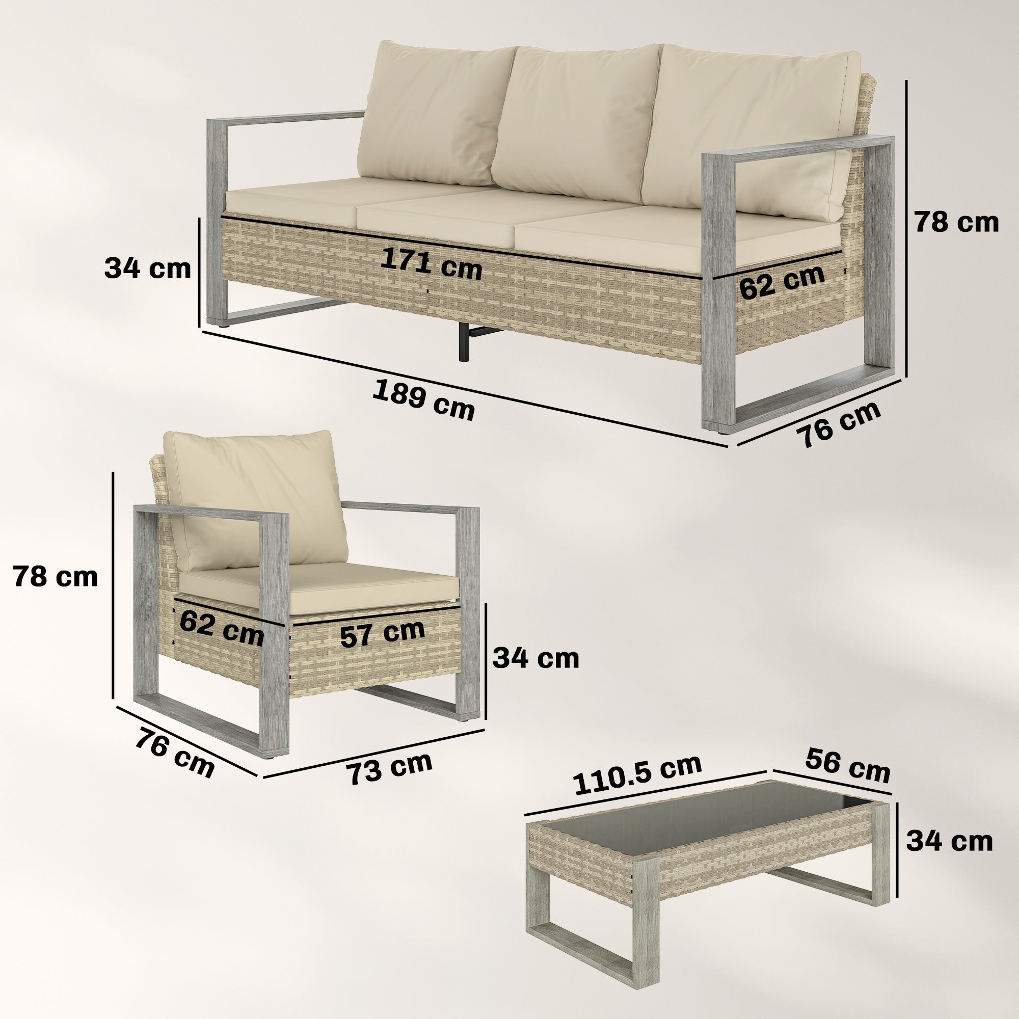 Outsunny 4 Piece Rattan Garden Furniture Set with 3-Seater Sofa, Armchairs, Table, Aluminium Frame Patio Conversation Set, Khaki 