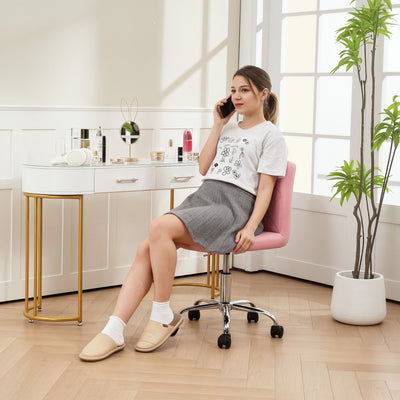 HOMCOM PU Leather Armless Office Chair, Modern Vanity Computer Swivel Chair with Rolling Wheels and Adjustable Height for Home Study, Bedroom, Pink 
