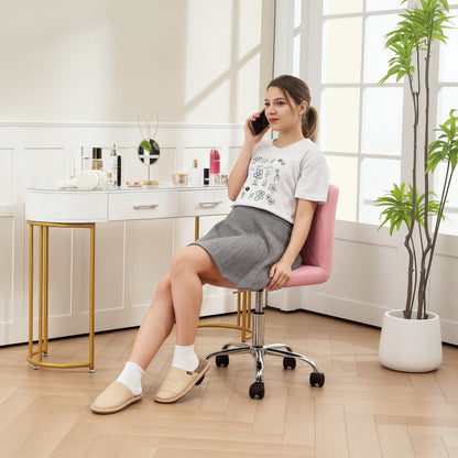 HOMCOM PU Leather Armless Office Chair, Modern Vanity Computer Swivel Chair with Rolling Wheels and Adjustable Height for Home Study, Bedroom, Pink