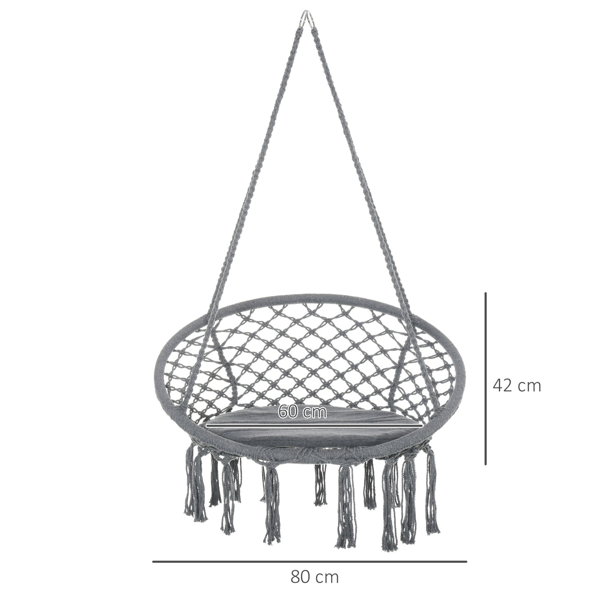 Outsunny Outdoor Cotton-Polyester Blend Macrame Hanging Rope Chair with Cushion, Portable Garden Chair with Fringe Tassels for Patio, Deck, Tree, Grey 