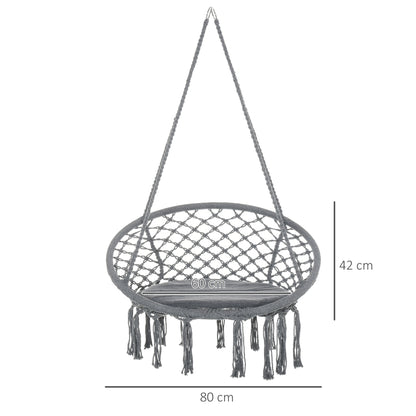 Outsunny Outdoor Cotton-Polyester Blend Macrame Hanging Rope Chair with Cushion, Portable Garden Chair with Fringe Tassels for Patio, Deck, Tree, Grey 