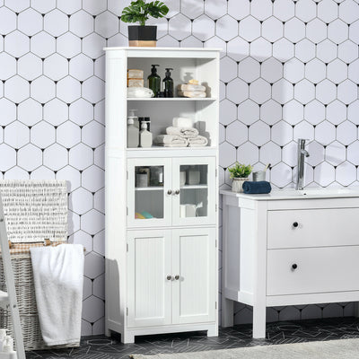 HOMCOM Freestanding Kitchen Cupboard, 4-Door Storage Cabinet with Adjustable Shelf and Glass Doors for Dining Room, Living Room, White 