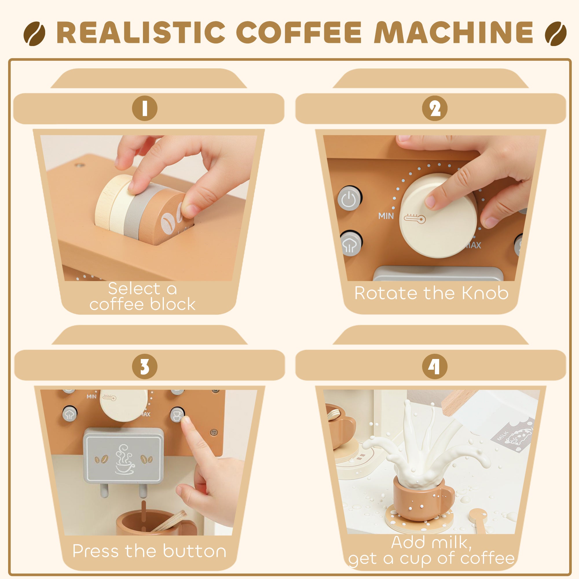 AIYAPLAY Kids Wooden Coffee Machine Toy, Pretend Play Kitchen Accessories Gift for Boys and Girls Ages 3+ 
