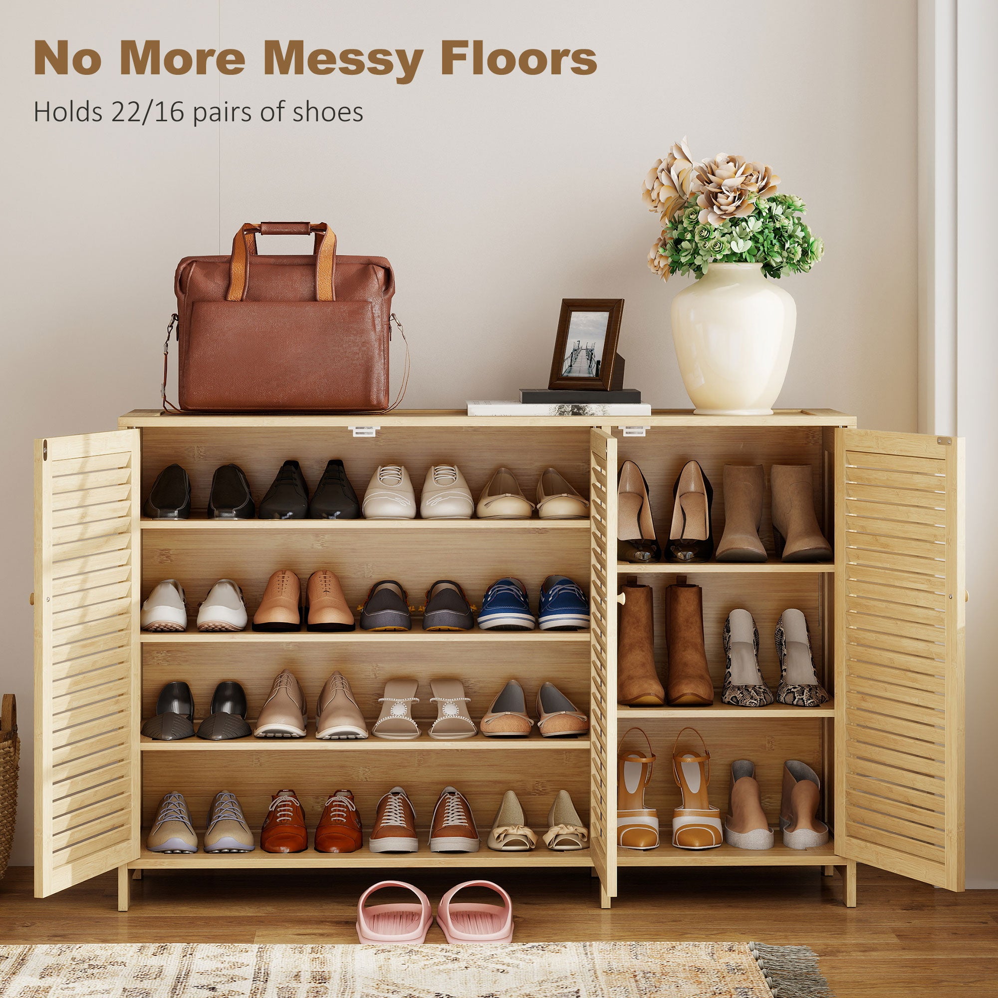 HOMCOM Bamboo Shoe Cabinet with Louvered Doors, 18 Pairs Shoe Storage Cabinet with Adjustable Shelves for Hallway, Natural 
