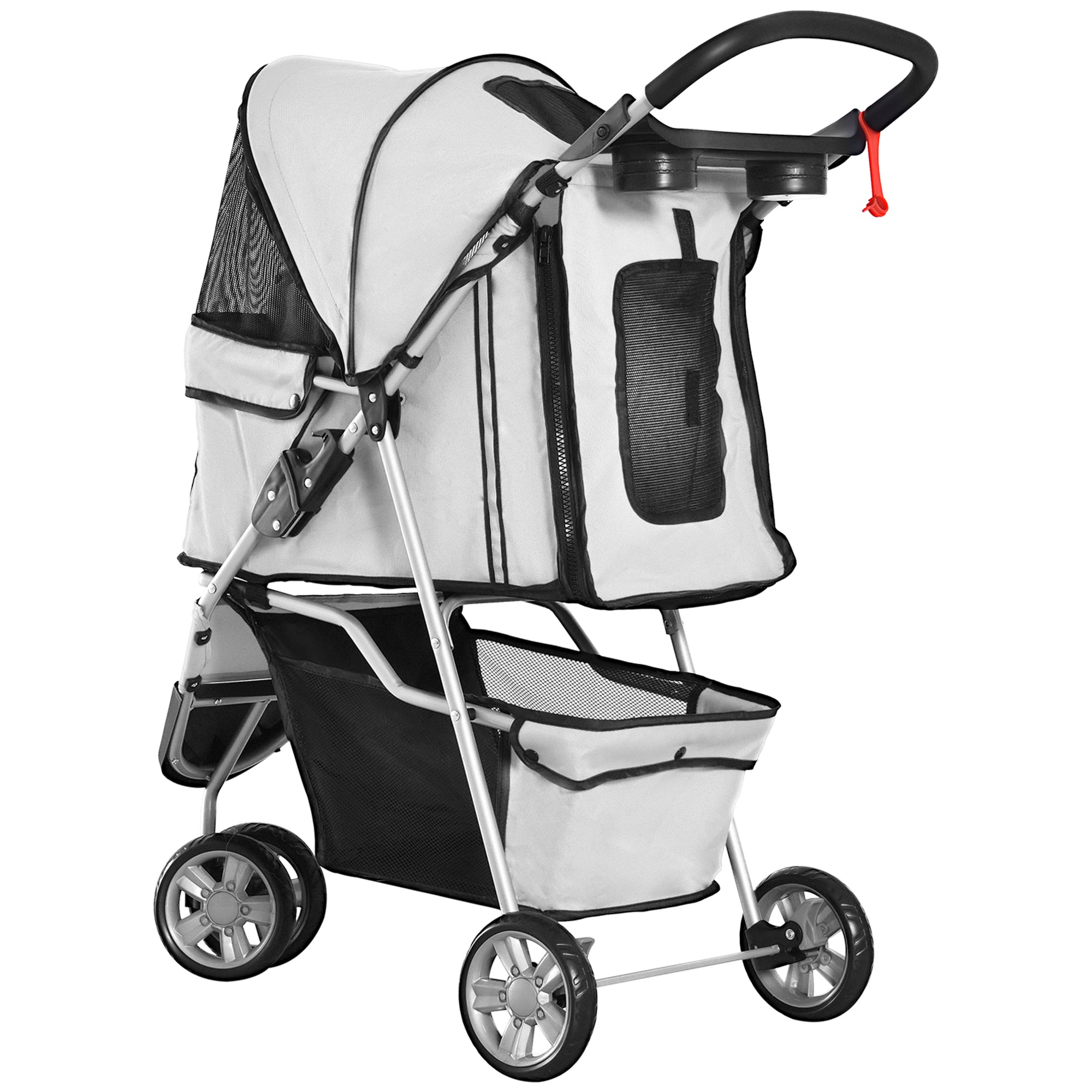 PawHut Dog Stroller, 3 Wheels Foldable Cat Dog Pram with Cup Holder, Storage Basket, Pet Stroller for Small Miniature Dogs, Grey 