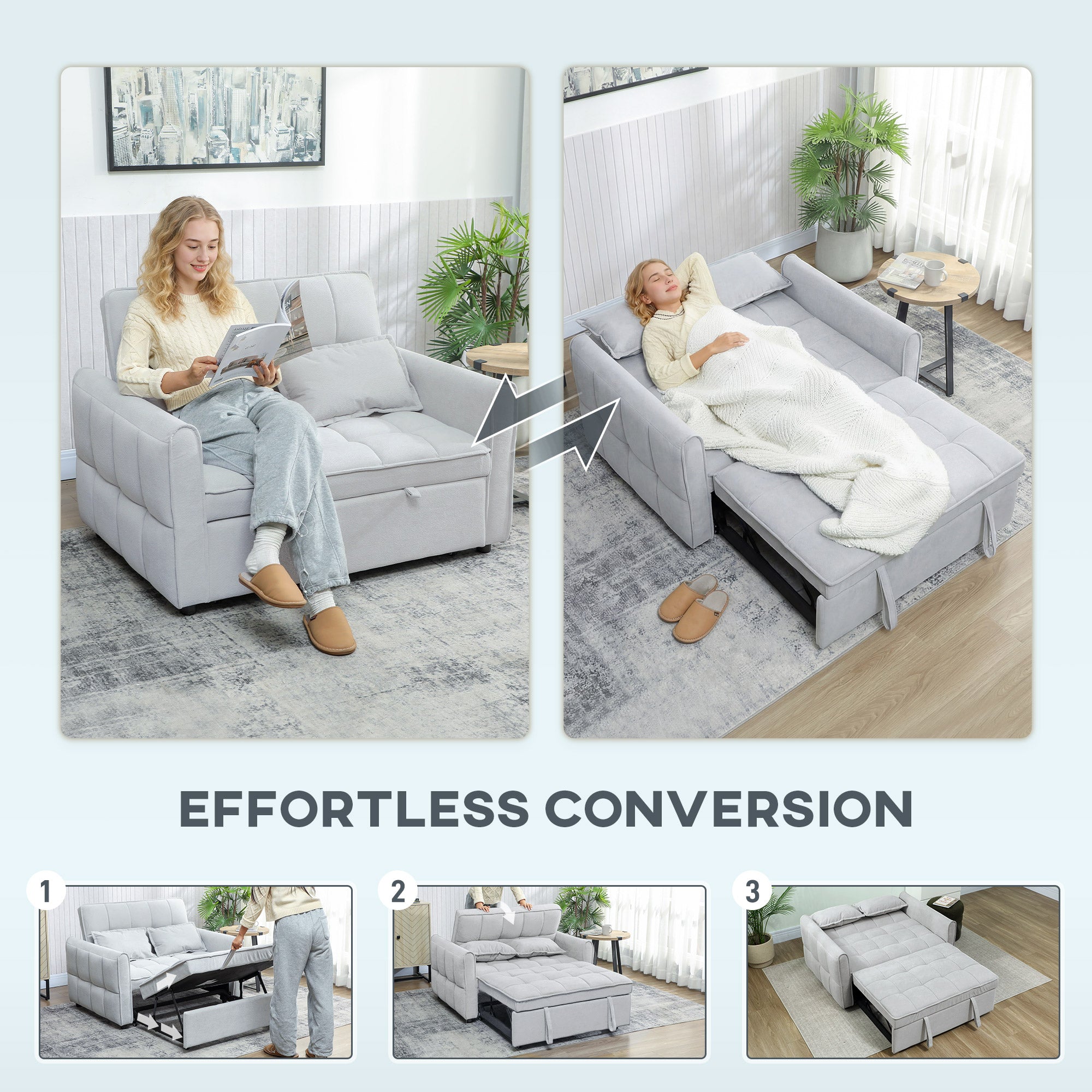 HOMCOM 2 Seater Sofa Bed, 3-in-1 Convertible Sleeper Sofa with Click-clack Adjustable Backrest and 2 Pillows, Light Grey 
