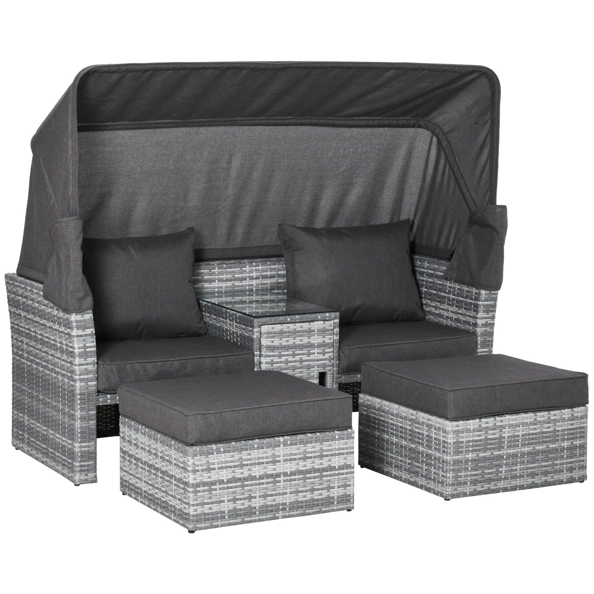 Outsunny 2-Seater Outdoor Rattan Daybed Sofa Footstool Coffee Table Set w/ Canopy, Cushion 