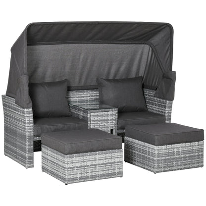 Outsunny 2-Seater Outdoor Rattan Daybed Sofa Footstool Coffee Table Set w/ Canopy, Cushion 