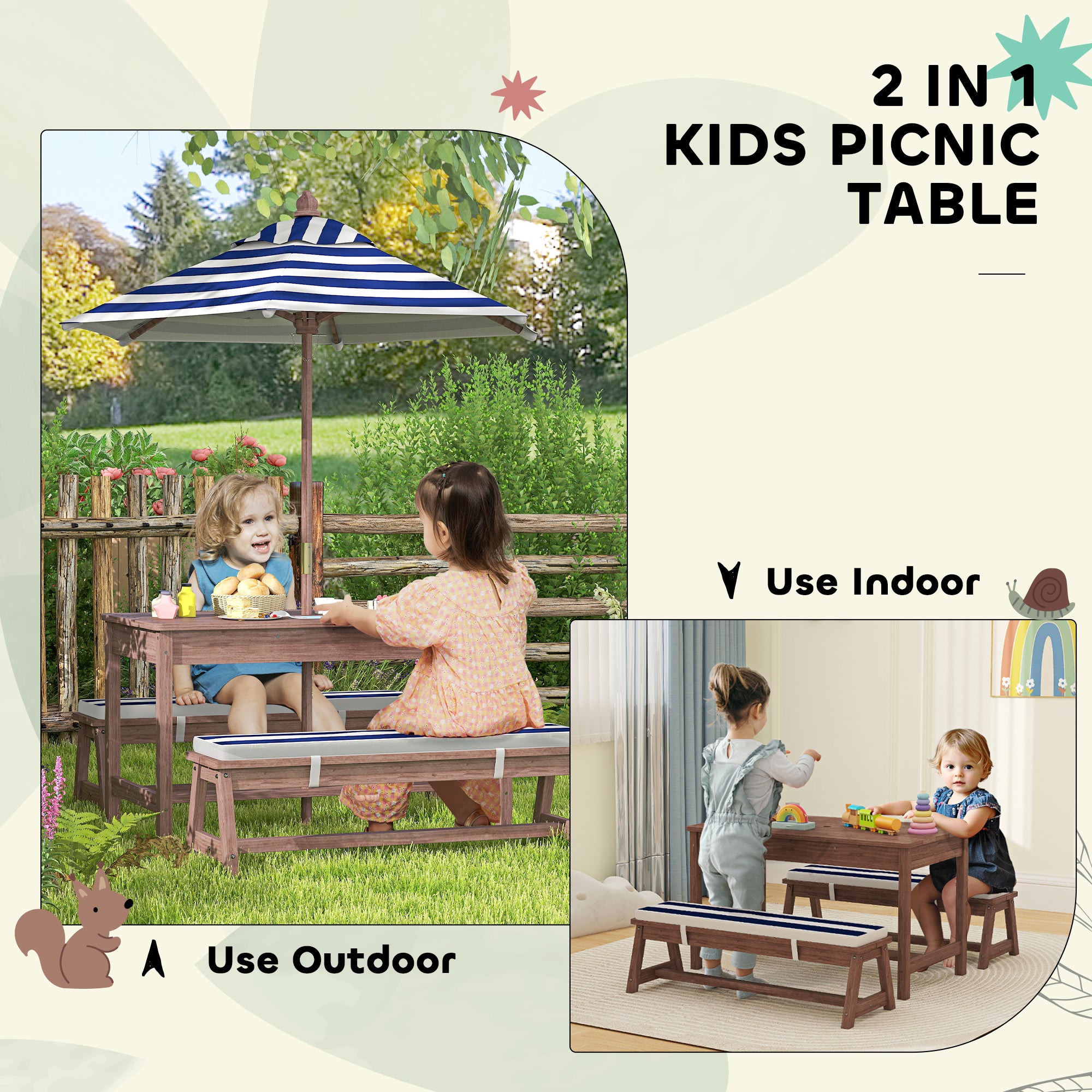 AIYAPLAY Outdoor Wooden Kids Picnic Table & Bench Set with Cushions and Umbrella, for Patio, Garden, Navy Blue 