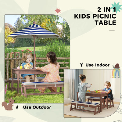 AIYAPLAY Outdoor Wooden Kids Picnic Table & Bench Set with Cushions and Umbrella, for Patio, Garden, Navy Blue 