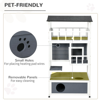 PawHut Wooden Outdoor Cat House 3-Tier for Winter Kitten Shelter Lodge w/ Tilted Roof Terrace Jump Step Bottom Tray Elevated Base Waterproof Paint Grey 