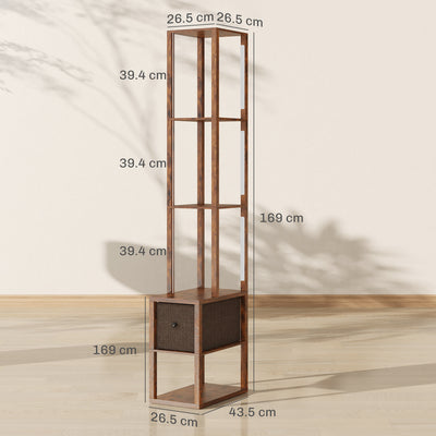 HOMCOM Floor Lamp with Shelves, LED Column Modern Standing Lamp with Fabric Drawer, Adjustable Brightness, Foot Switch for Living Room, Bedroom, Office, Rustic Brown 