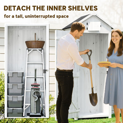 Outsunny Small Shed, Tall Slim Wooden Garden Shed with 3 Removable Shelves and Roof Hatch, Compact Outdoor Tool Storage Cabinet with Asphalt Roof and Door Latch, 77 x 54.2 x 179 cm, Light Grey 