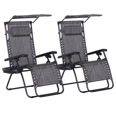 Outsunny 2 Piece Foldable Reclining Garden Chair with Headrest, Zero Gravity Deck Sun Lounger Seat Chair with Footrest, Armrest, Cup Holder & Canopy Shade, Grey 
